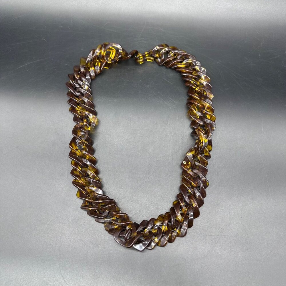 Chunky Tortoise Shell Lucite Acrylic Twist Chain Necklace Statement Jewelry Vint - Picture 2 of 7